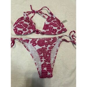 Floral‎ Bikini Set Women's Swimsuit Two Piece Tie Side Smocked Pink White
